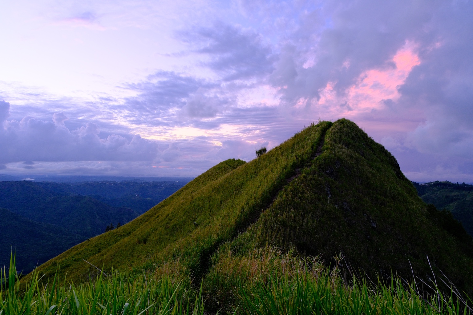A grassy mountain ridge beneath pink clouds at dusk